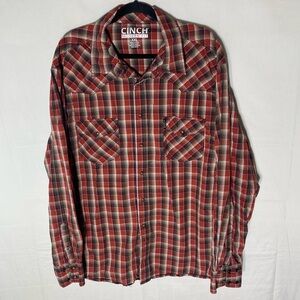 Cinch Red Brown White Plaid Long Sleeve Snap Front Casual Shirt XXL
